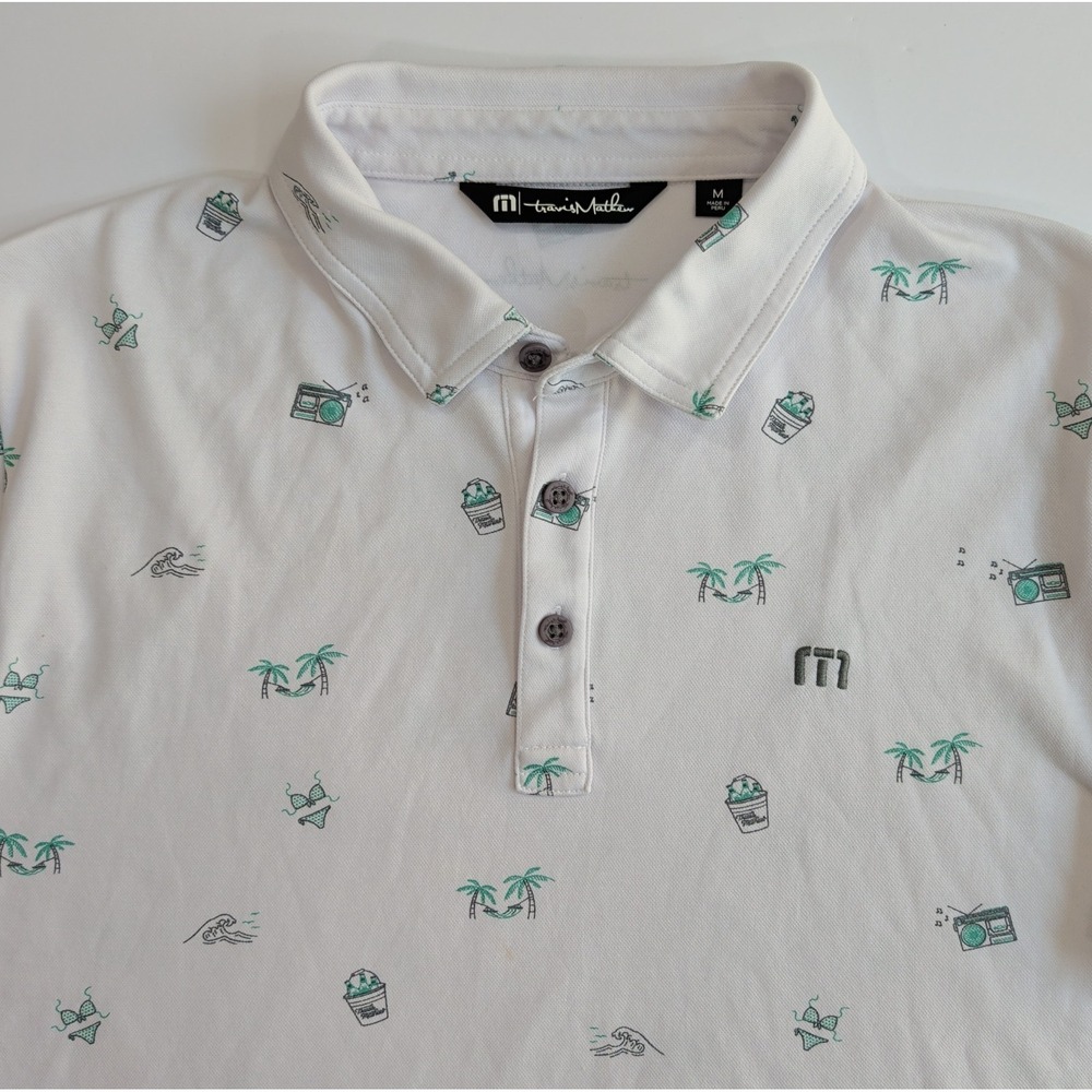 TravisMathew Polo Shirt Mens M White Novelty Print Beach Hammock Radio Golf